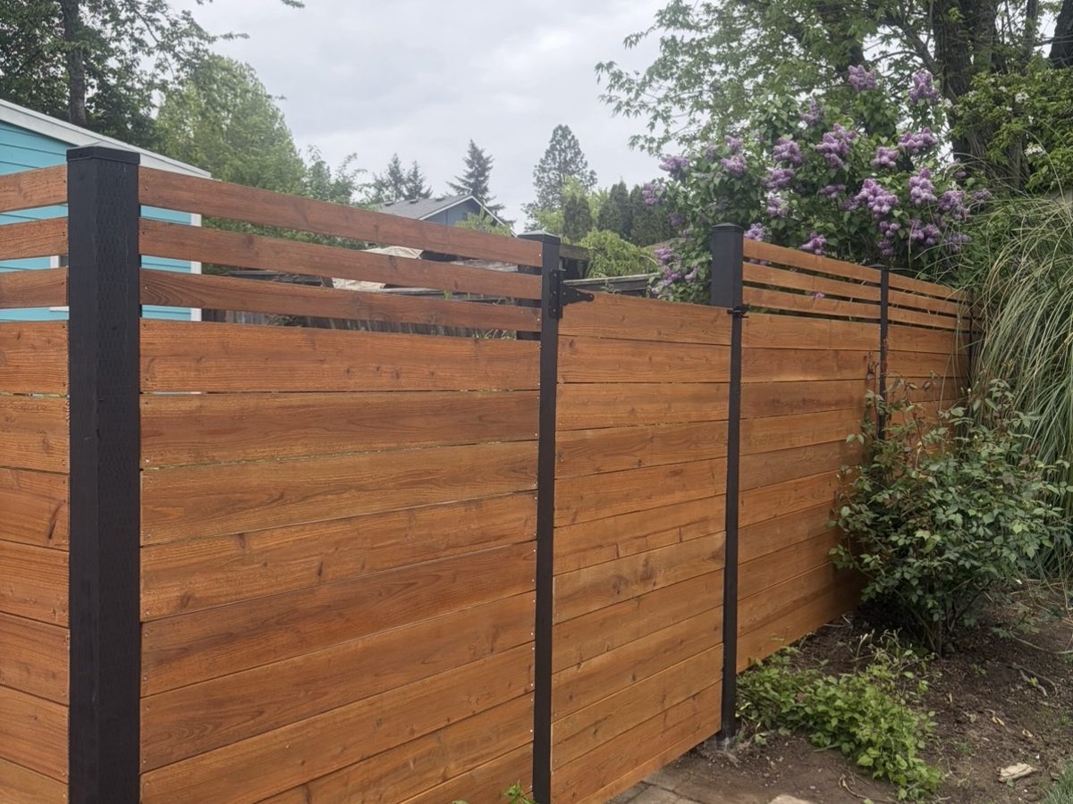 Horizontal cedar privacy fence, garden side